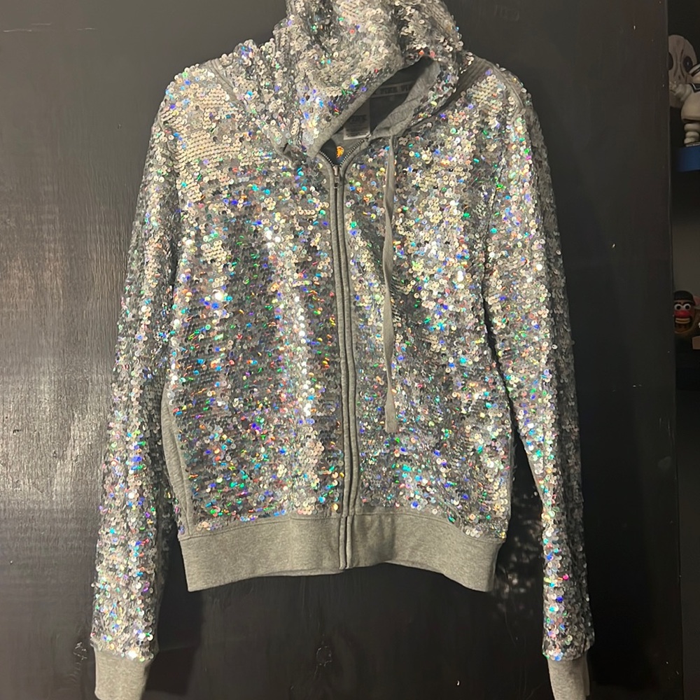 Holo Sequin Pink Hoodie Sz L EUC